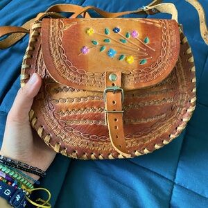 Vintage Hand-Tooled Leather Hippie/BOHO Shoulder Bag Purse Painted Flowers